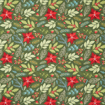 Holly Jolly Calico - Poinsettia Floral Evergreen Yardage