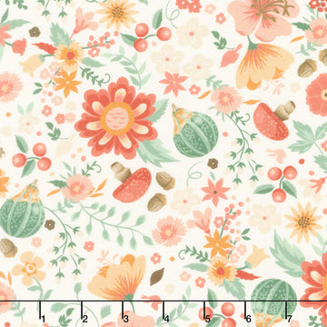Maple and Marigolds - Flowers with Acorns & Mushrooms Ivory Yardage