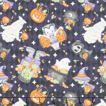 Moonlight Mischief - Tossed Motifs Glow In the Dark Dark Purple Yardage