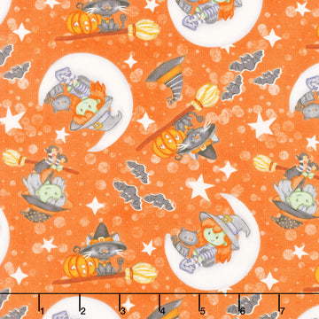 Moonlight Mischief - Witch & Cat on Moon Glow in the Dark Orange Yardage