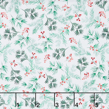 First Frost - Berry and Pine Sprig Allover White 108" Wide Backing