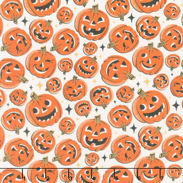 Midnight Masquerade - Tossed Pumpkins Ecru Orange Yardage