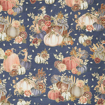 Hello Fall - Pumpkins, Birds, Florals Denim Metallic Yardage