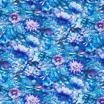 Dragonfly Mist - Flying Dragonflies & Floral Multi Yardage