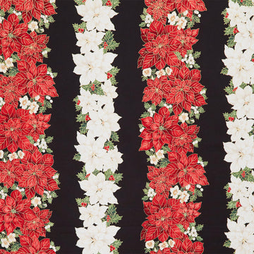 Merry Christmas - Poinsettias 11" Stripes Black Metallic Yardage