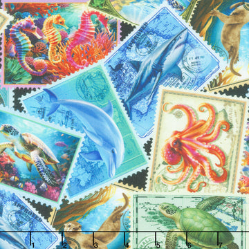 Underwater Paradise - Sea Life Stamps Multi Digitally Printed Yardage