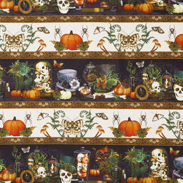 Dark Academia - Halloween Skulls and Treats Stripe Multi Yardage