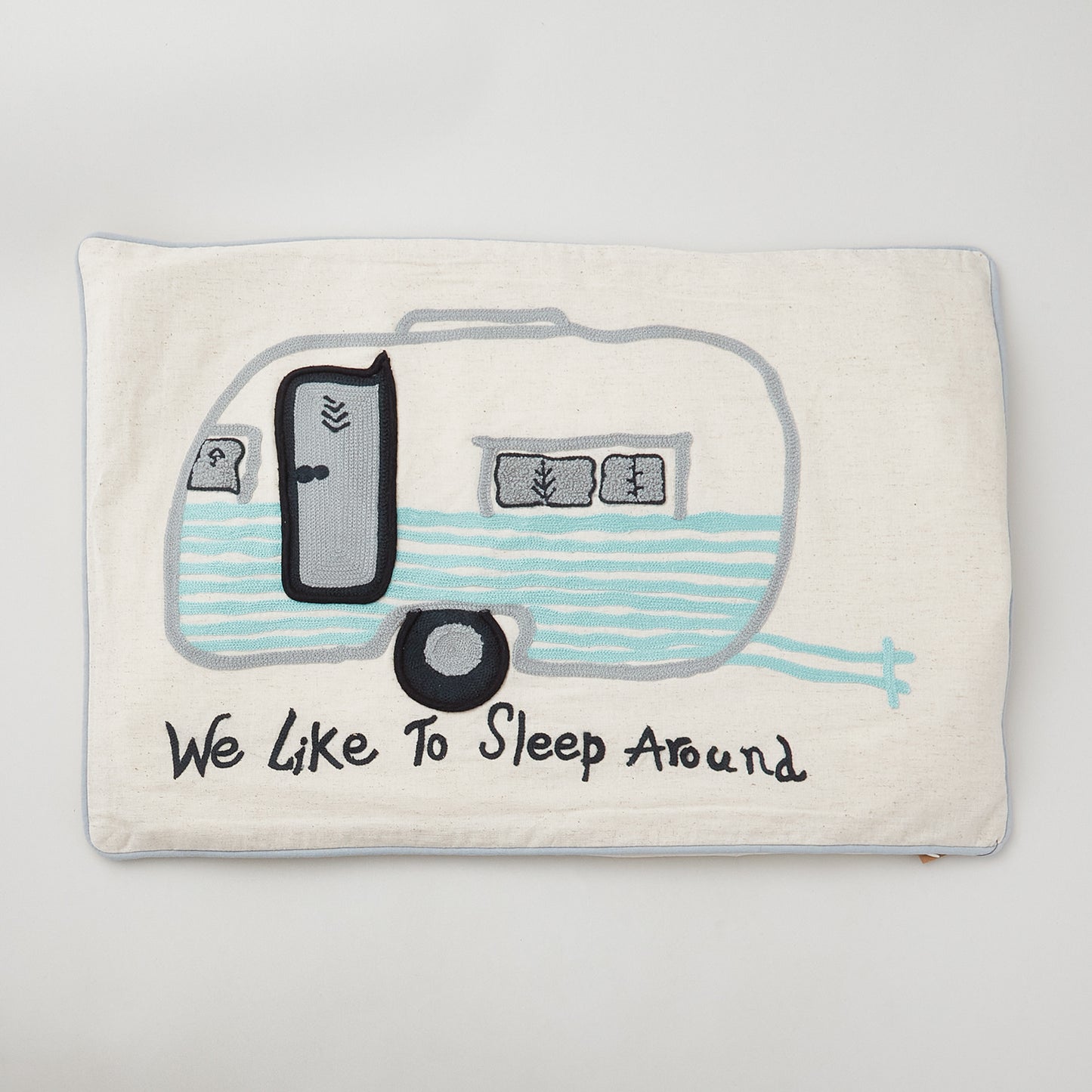 Cotton Lumbar Pillow w/ Embroidered Camper & Piping Primary Image