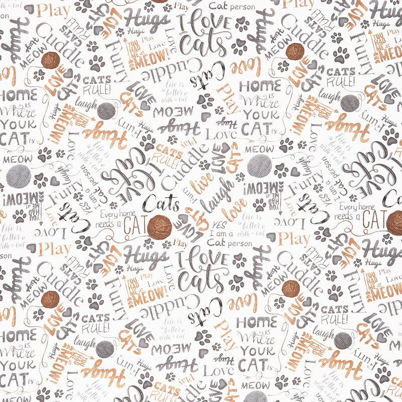 Cats - Cat Yarn and Text Natural Yardage Primary Image