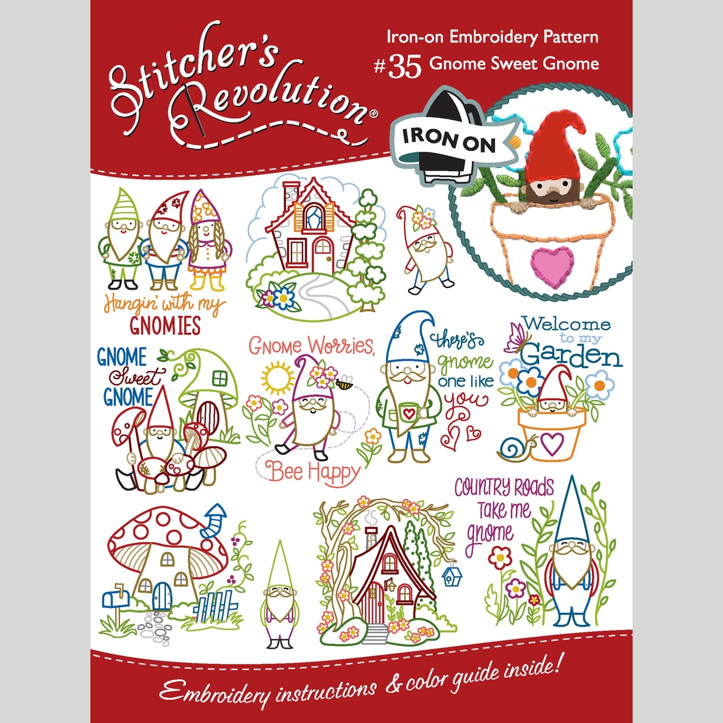 Stitcher's Revolution Gnome Sweet Gnome Iron-On Embroidery Pattern Primary Image