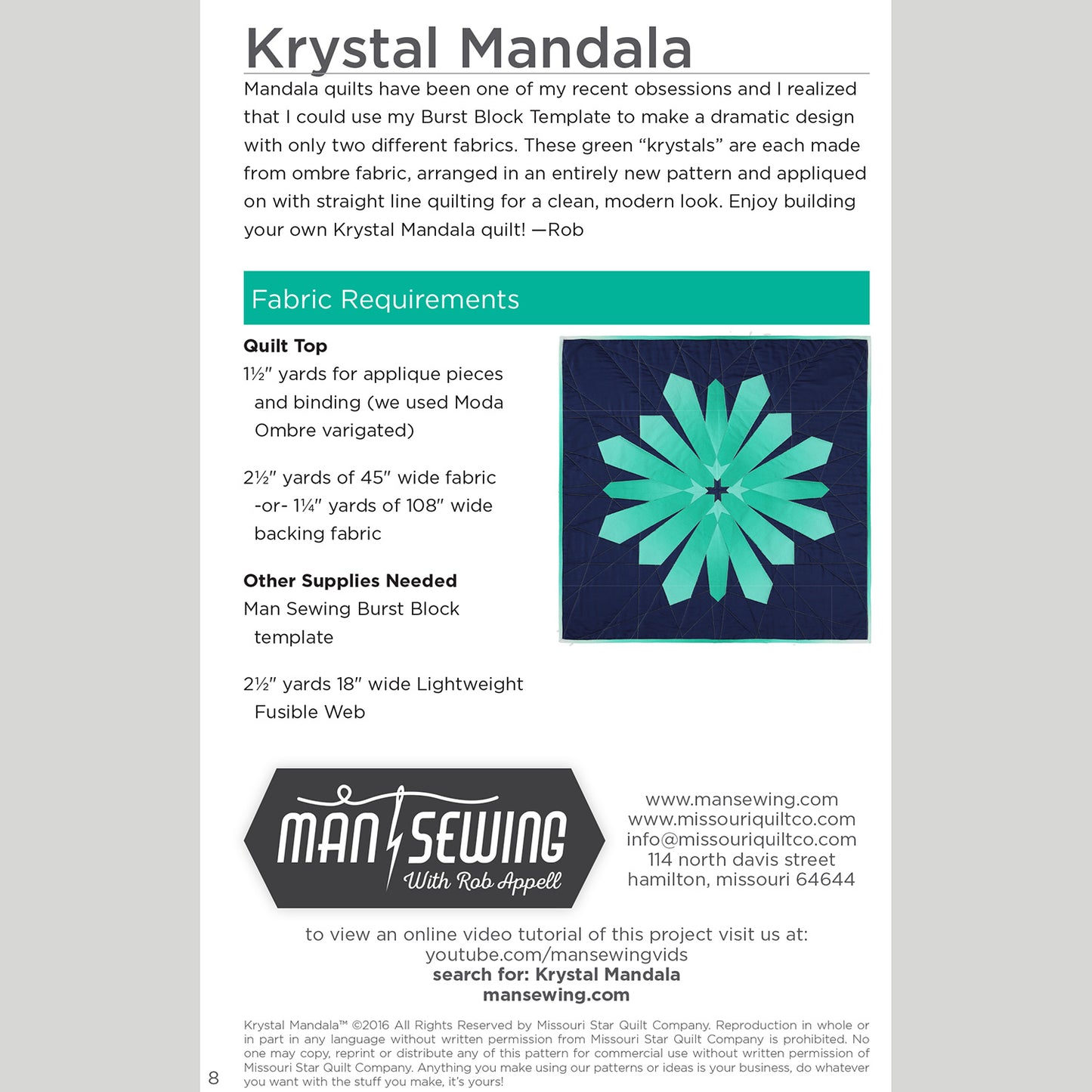 Digital Download - Krystal Mandala Quilt Pattern from Man Sewing Alternative View #1