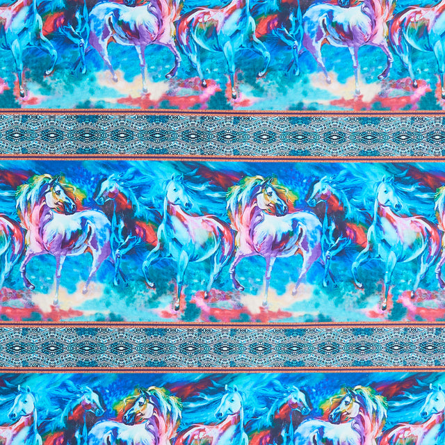 Color Your World with Horses - Horses Stripe Turquoise Yardage Primary Image
