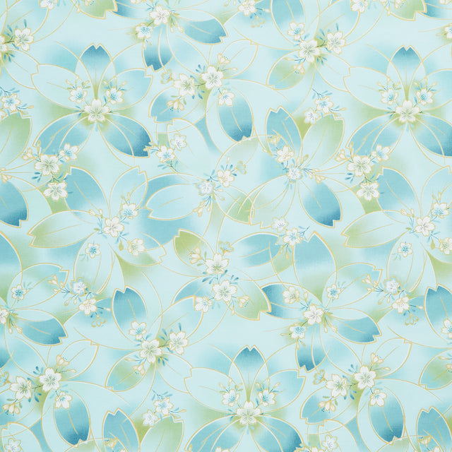 Imperial Collection - Honoka Teal Colorstory Cherry Blossoms Aqua Metallic Yardage Primary Image