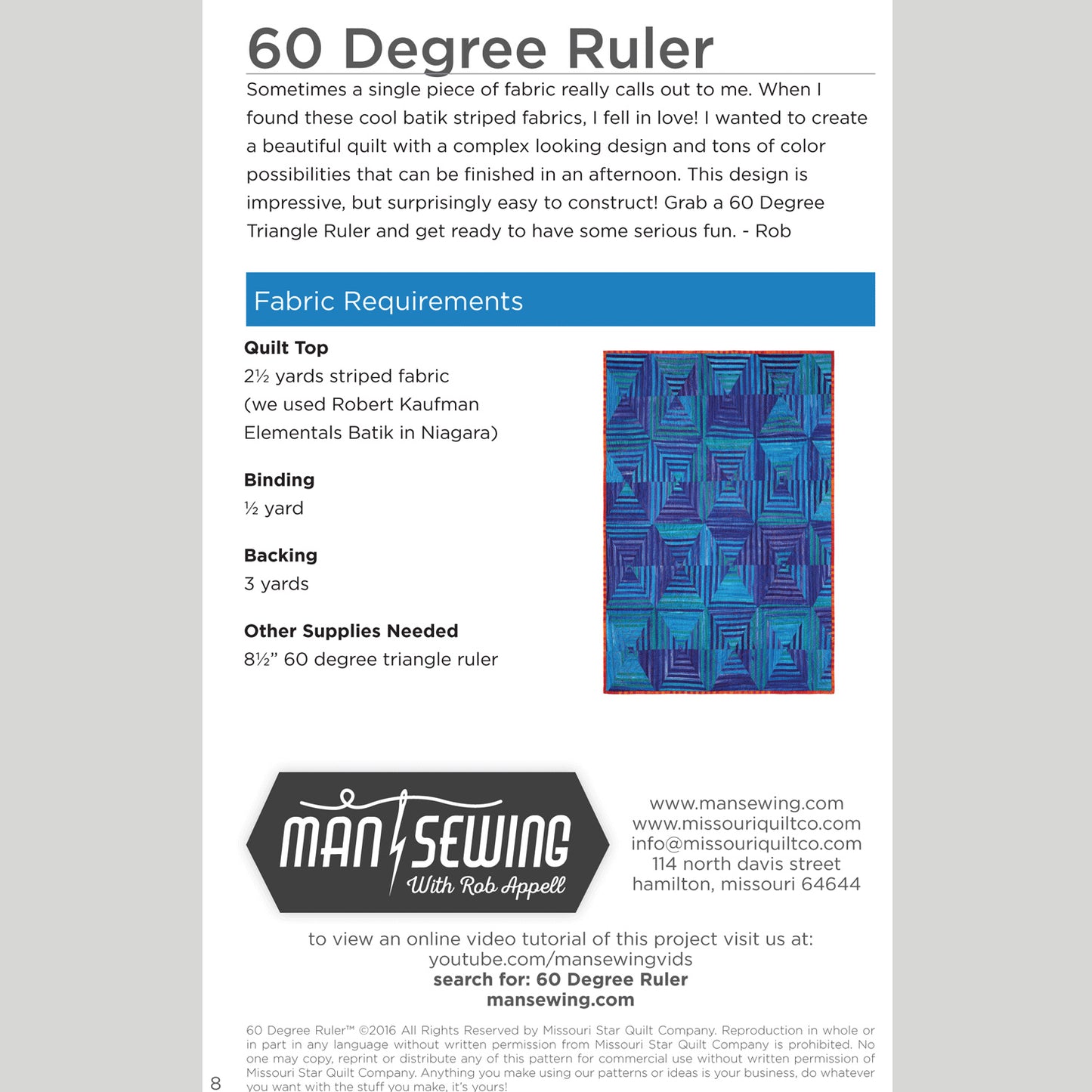 Digital Download - 60 Degrees Quilt Pattern from Man Sewing Alternative View #1