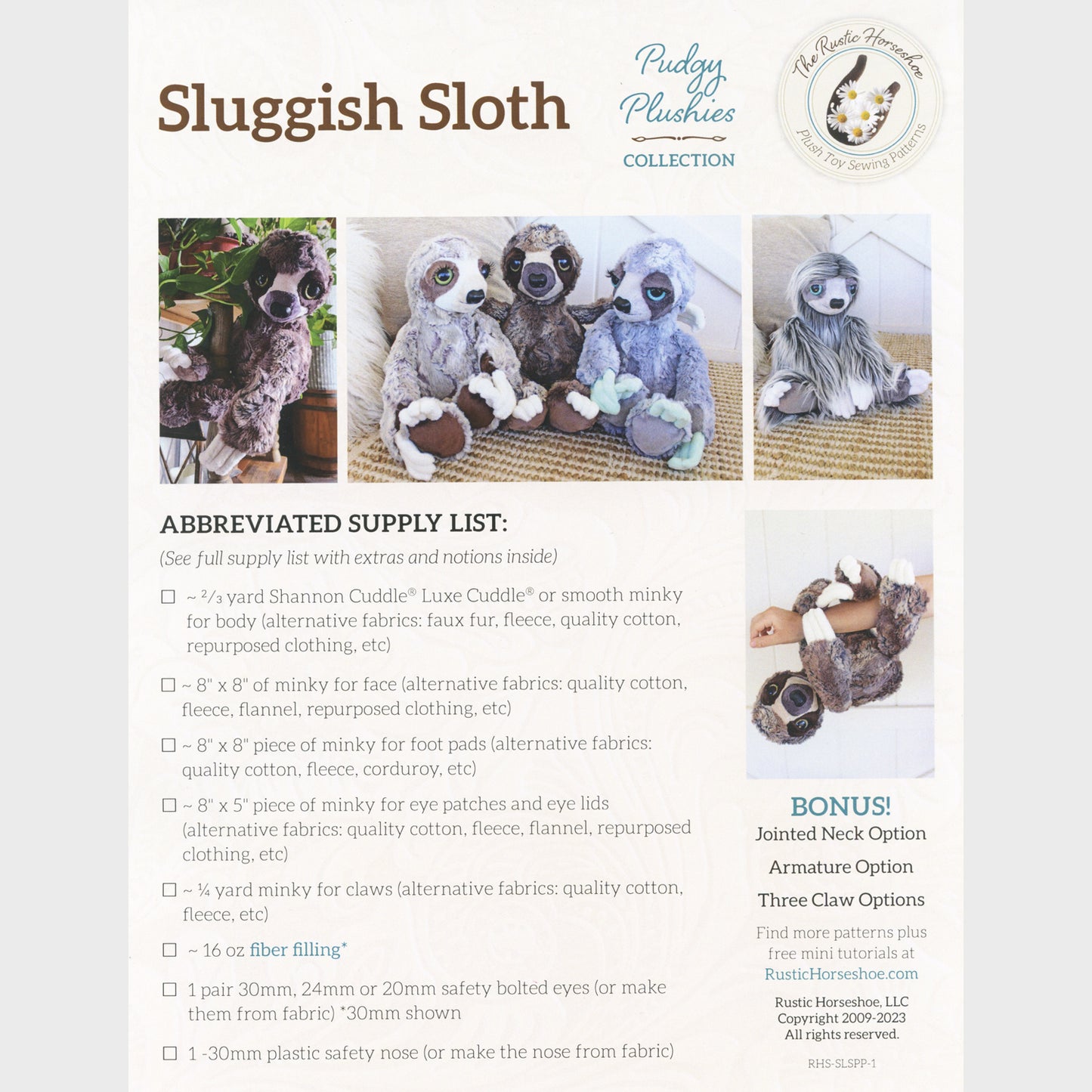 Sluggish Sloth Pudgy Plushies Pattern Alternative View #1