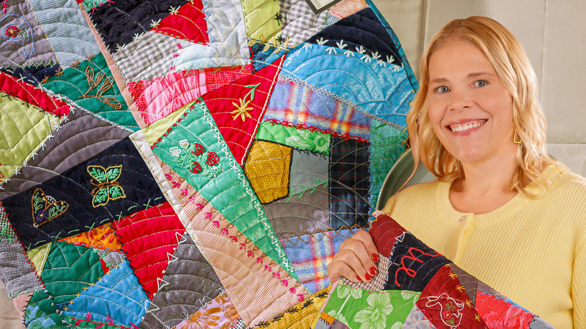Natalie Doan's Our History in Stitches crazy quilt with embroidered seams