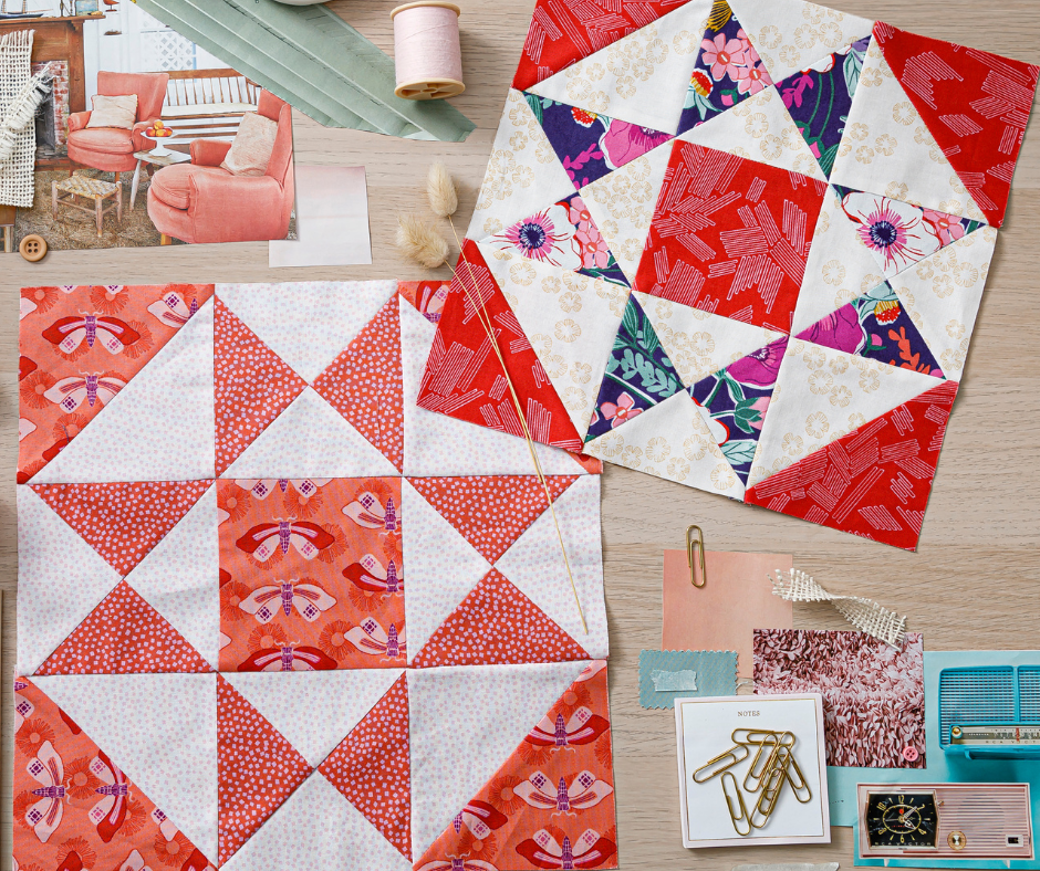 two colorful star quilt blocks made with andover fabrics, arranged on a table with office supplies and quilting notions arranged in a pleasing manner.