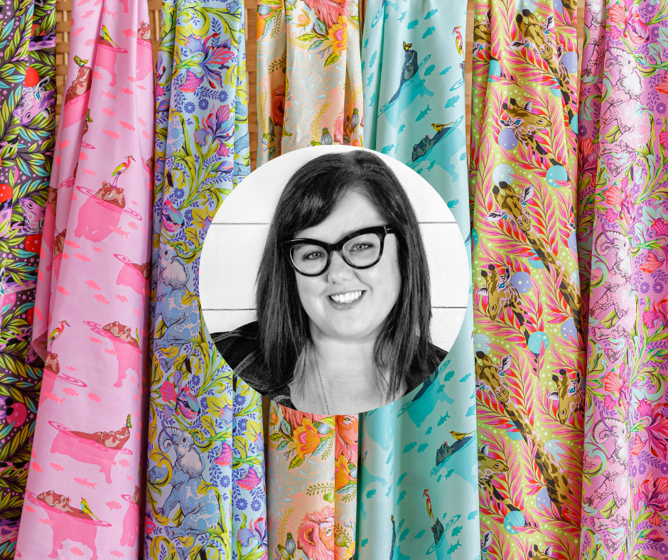 a colorful selection of fabrics designed by Tula pink, with an inset black and white photo of the designer, a smiling woman with dark hair and glasses.
