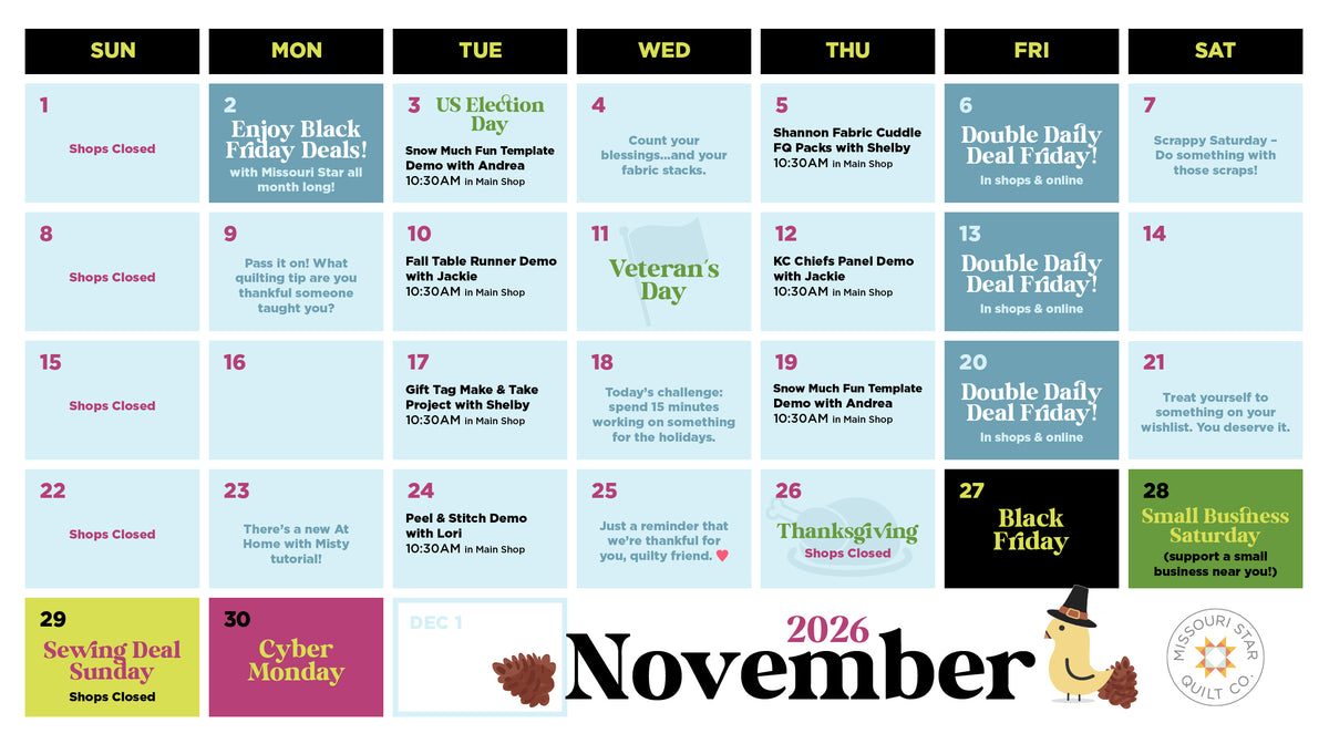 Missouri Star November 2026 events calendar with Hamilton demos, shopping dates, and holiday shop closures