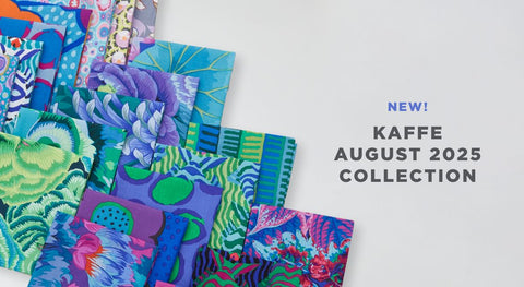 a selection of vibrant fat quarter fabric prints from the Kaffe Fassett Collective August 2025 Fabric Collection.