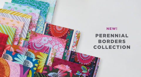 A vibrant floral fabric print featuring yellow, orange, and pink echinacea on an orange background from the Perennial Borders fabric collection.