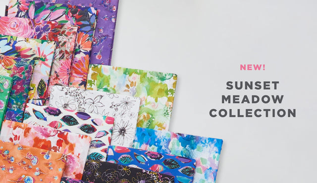 a selection of fat quarter fabrics from the sunset meadow fabric collection.