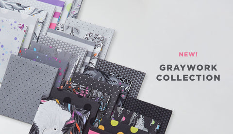 a selection of fabrics from the Tula Pink Graywork Fabric Collection.