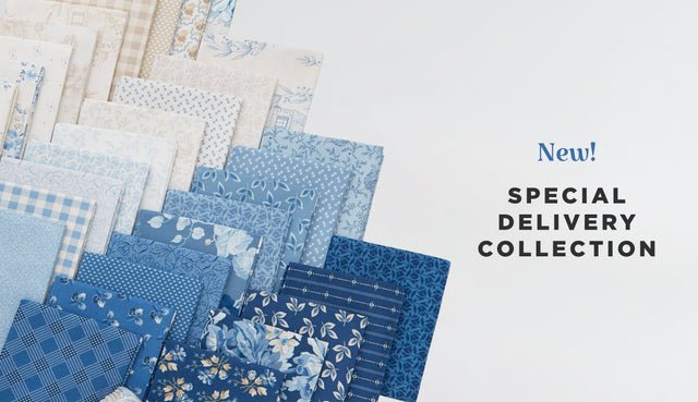Fat quarter bundle of cotton quilting fabric with flowers and mini prints in shades of blue, cream, and tan from Edyta Sitar's newest fabric collection for Andover, Special Delivery.