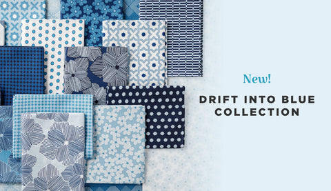 Blue and white fat quarter fabrics from the Drift into Blue fabric collection by Craig Conover of Sewing Down South Textiles.