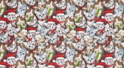 Kittens in scarves and hats packed together, one of several cute Christmas fabrics from the Purr-fect Holiday Season fabric collection.