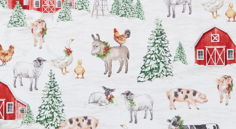 Barns, trucks, and farm animals with evergreen trees on a snowy white background.