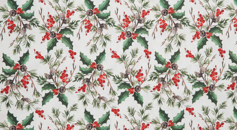 A108"-wide cream backing features bouquets of classic green holly, red berries, sprigs of pine needles, and pine cones.