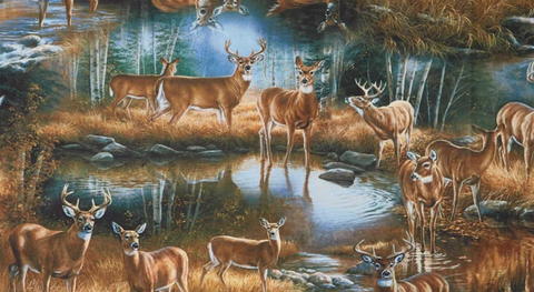 Cotton fabric for quilting with a realistic illustration of deer along a body of water. 
