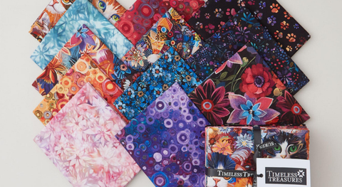 Fat quarter bundle of colorful cat and flower prints from the Calico Cat fabric collection.