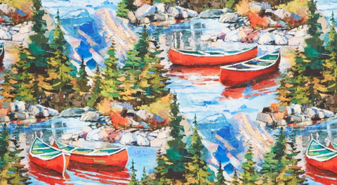 Cotton quilting fabric with red canoes in a mountain stream setting, in a blue and green palette.