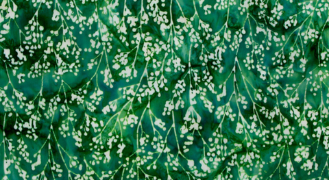 Cotton batik quilting fabric with cream berry branches on a jade background from the Christmas Cheer Artisan Batiks fabric collection.