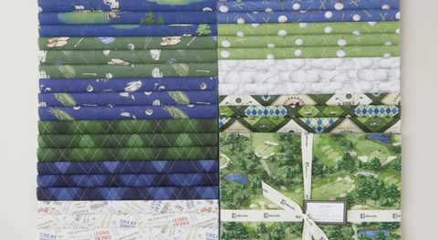10" Squares of golf-themed fabric prints from the Tee Time! Fabric Collection.