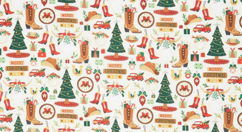 Cotton quilt fabric with green Christmas trees, and red and brown cowboy motifs on a beige background.
