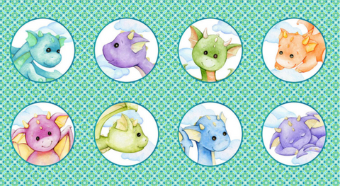 Multi panel of cute dragon faces in bright pastels on a green background.