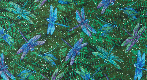Blue and purple dragonflies on a green background from Ann Lauer's Dragonfly Wonder fabric collection for Benartex.