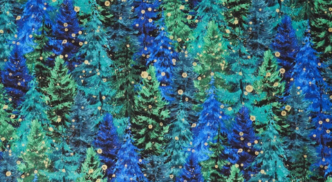 Cotton quilt fabric with blue and green evergreen trees and metallic highlights.