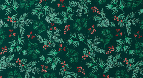 108"-wide backing with green pine sprigs and red berries on a dark green background.