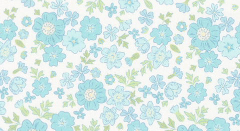 Mint flowers with green leaves on a white background from the Floral Romance fabric collection.