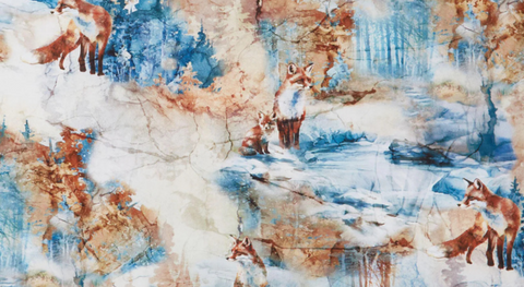 Fabric with beautiful illustrations of foxes among woodland scenes in rust, blue, and beige. 