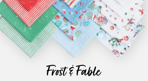 a selection of fat quarter prints from the frost & fable collection of christmas fabrics from P & B textiles.