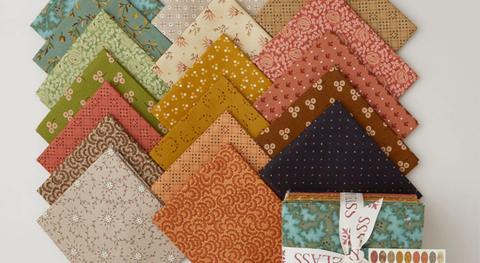 A fat quarter bundle of traditional designs by Kim Deal featuring leaves, dots, and more.