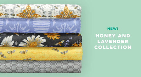 Shop the moda honey and lavender fabric collection here.