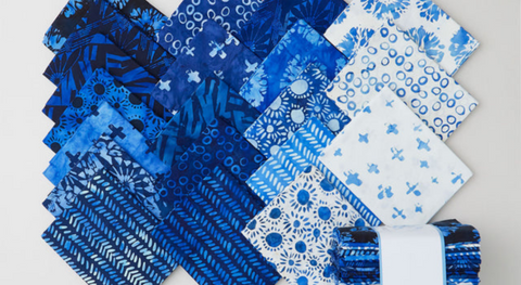 A beautiful assortment of blue and cream batik fabrics from the Anthology Indigo Batiks Vol. 2 fabric collection.