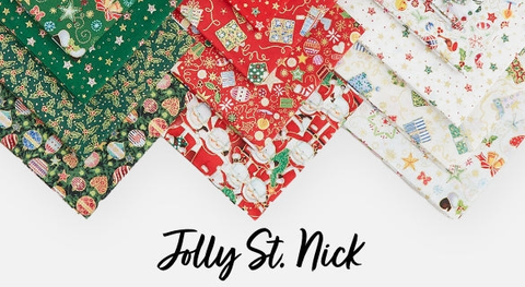 Fat quarter bundle of Christmas prints in red, green, and white from the Jolly St Nick fabric collection.
