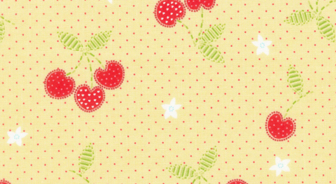 Red cherries on a yellow background with red dots from the Jubilee Fabric Collection by Color Principle for Henry Glass Fabrics.